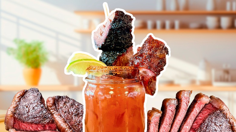 Bloody mary with steak skewer