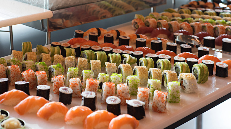 Close-up of sushi buffet table