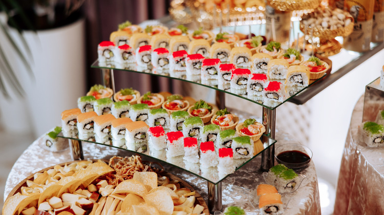 Close-up of sushi at buffet table