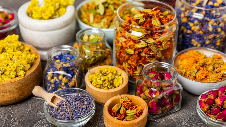 Assorted jars of herbal teas