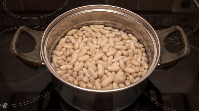 navy beans soaking in pot