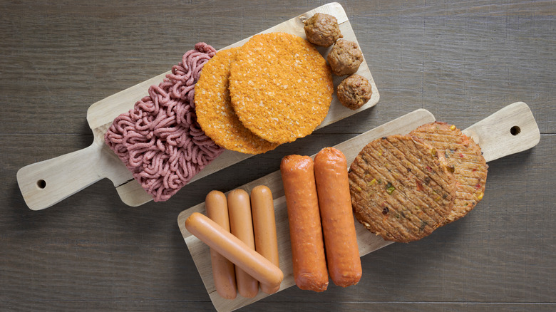 variety of plant based meat products on tray