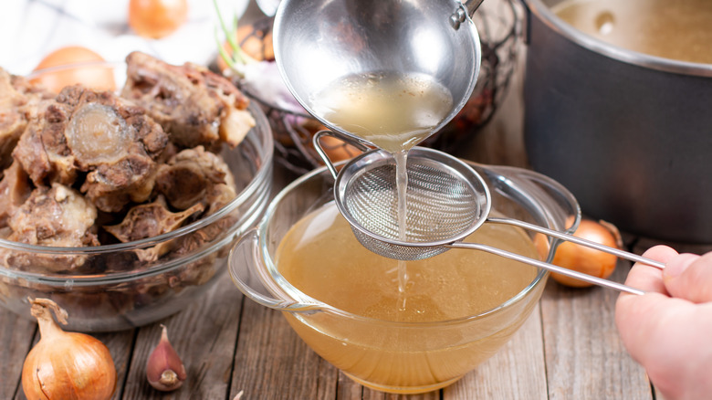 Straining bone broth