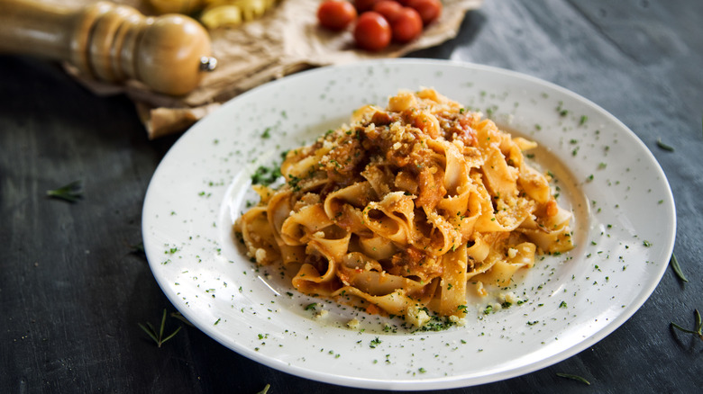Fettuccine pasta dish in sauce