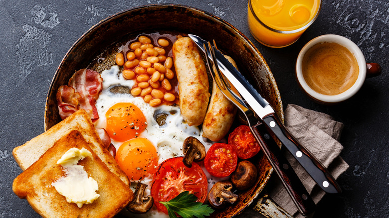 Sausage, beans, eggs, and bread