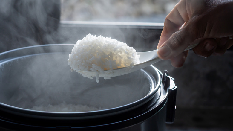 Hand holding a spoonful of rice over a pot