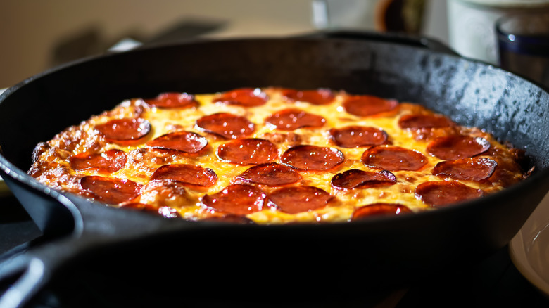 A pepperoni pizza made in skillet