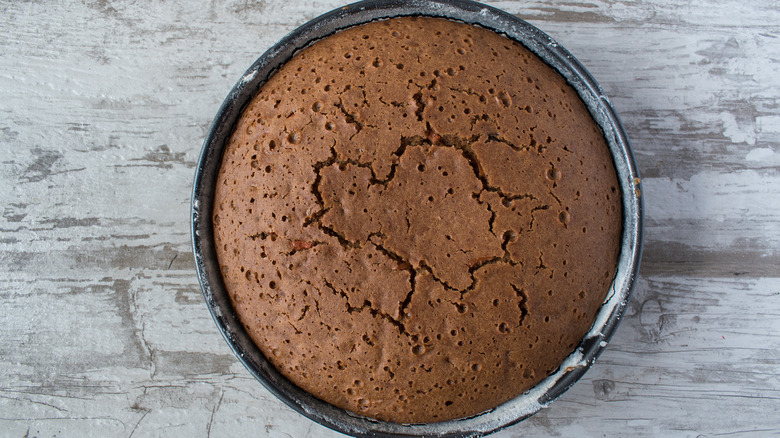 a chocolate cake in a round cake pan