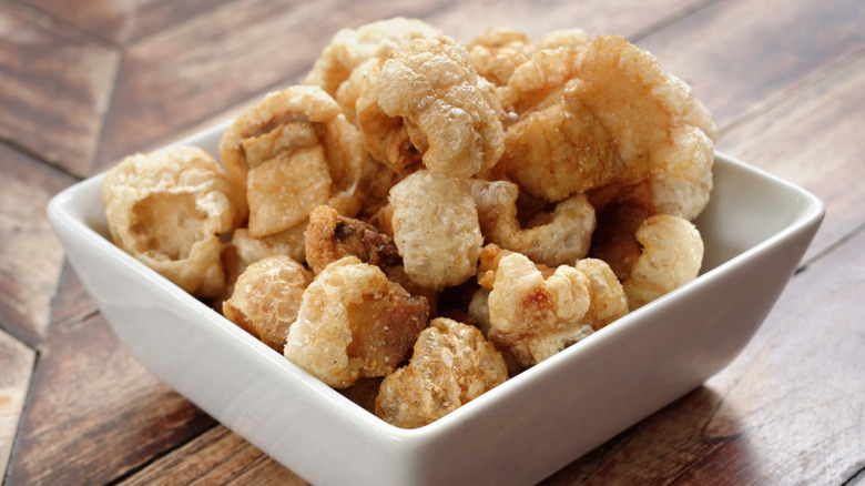 crispy pork skin snack in bowl