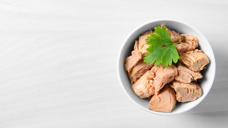 Canned tuna in white bowl