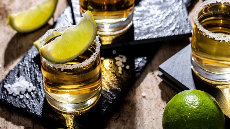 shots of tequila with lime and salt