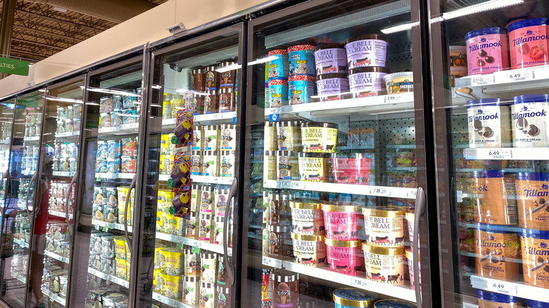 ice cream in freezer at grocery store