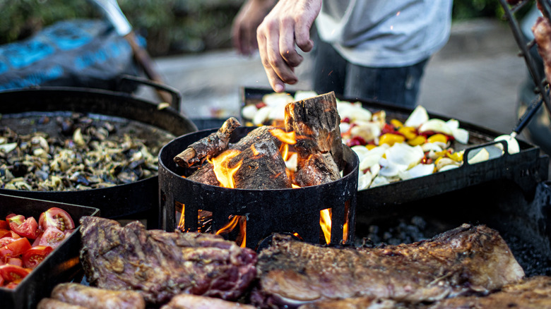 wood fire with barbecued meats