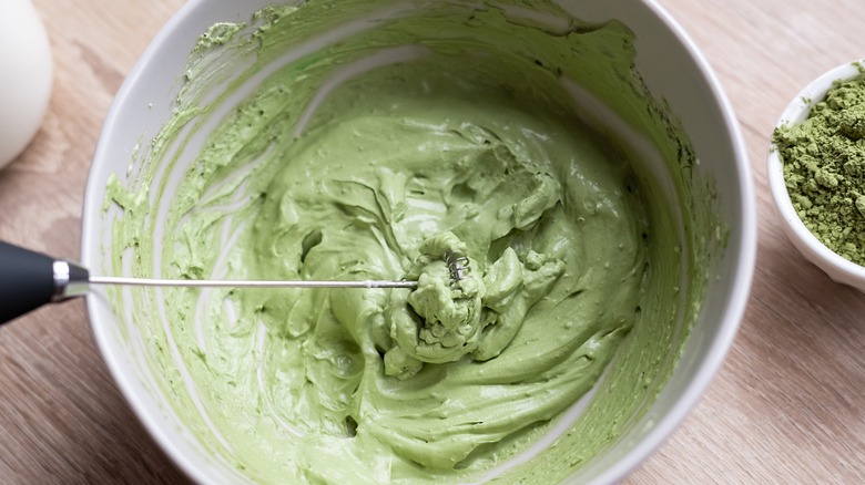 Matcha whipped cream in bowl