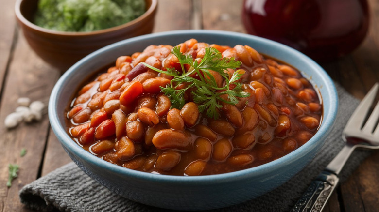 A bowl of baked beans.