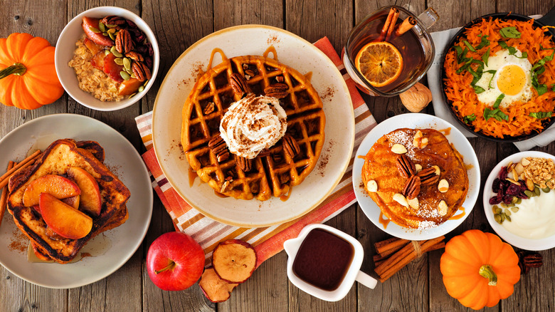 Fall breakfast spread with pumpkins