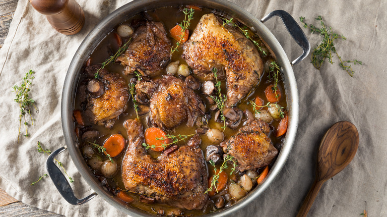 Close-up of coq au vin in a pot