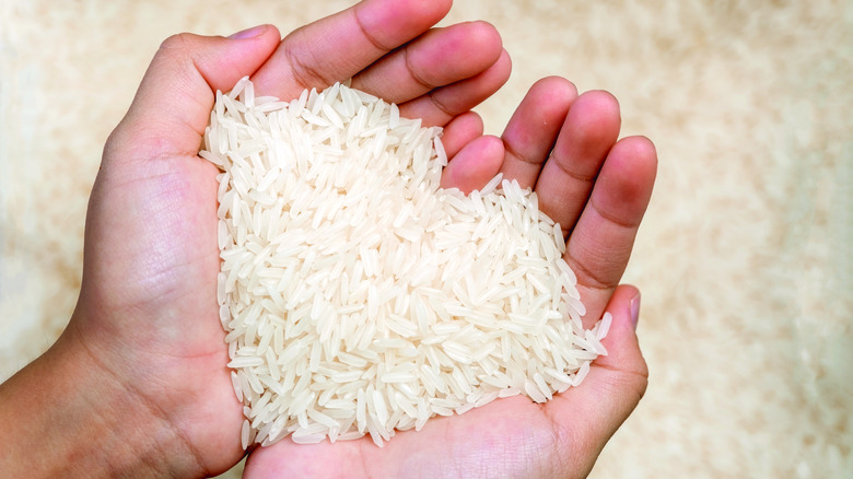 hands holding raw rice