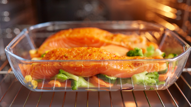 salmon in glass baking dish