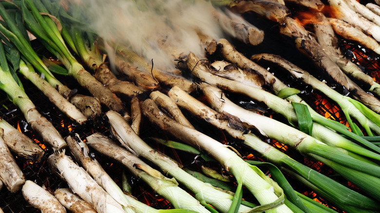 Charring scallions on a grill