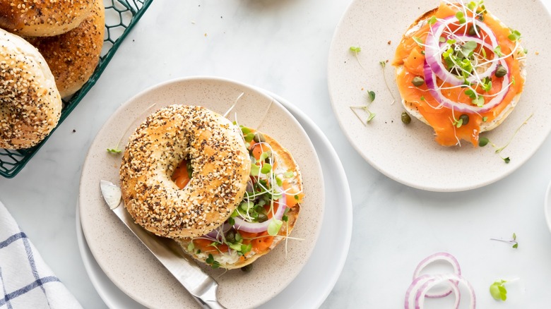 Bagels and lox with onions and capers