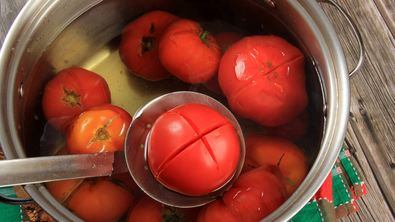 scored tomatoes blanching in a pot