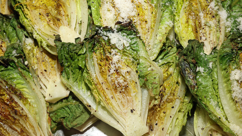 Grilled romaine lettuce sprinkled with cheese