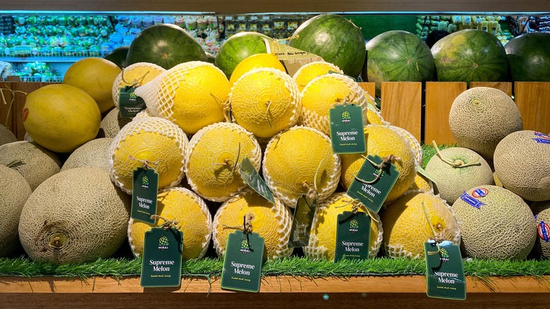 variety of melons at grocery store