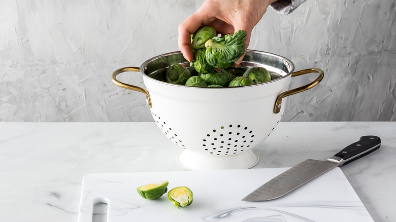 massaging brussels sprouts in a colander