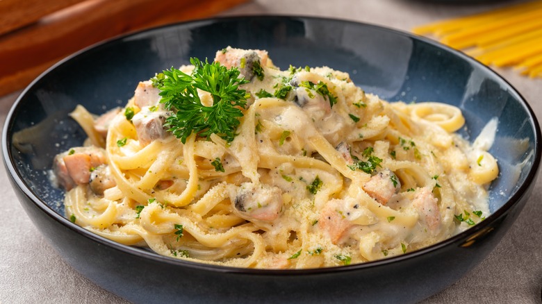 Creamy egg noodles in a bowl