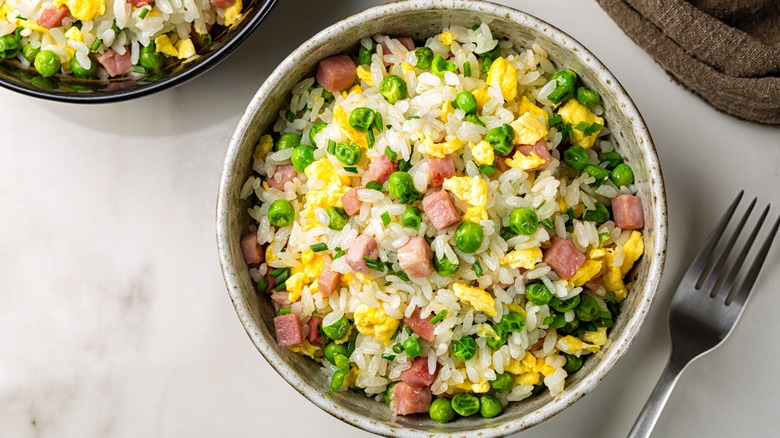 fried rice with ham and peas