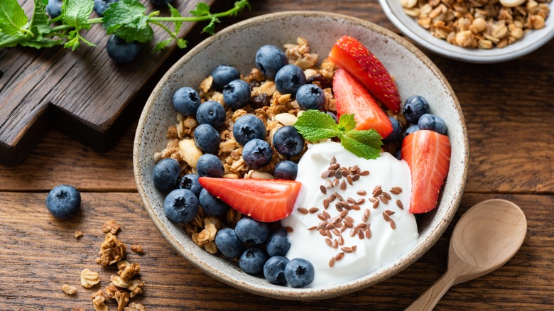 yogurt fruit bowl on wood