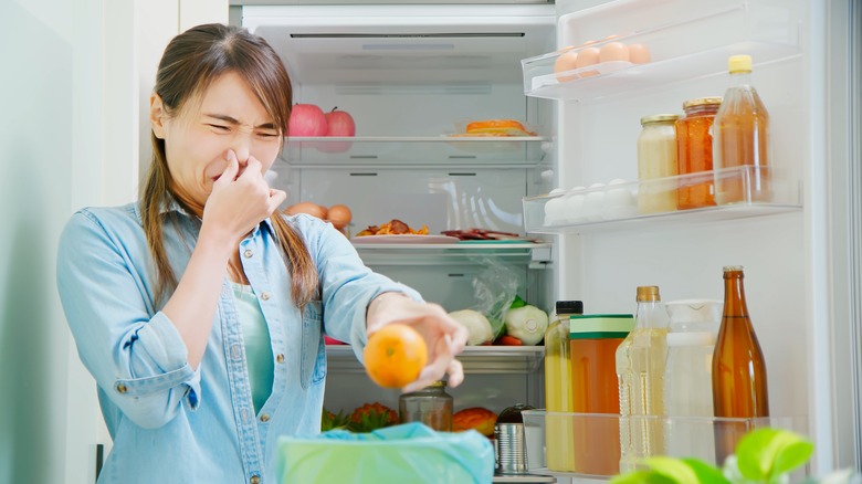 Woman cleaning a smelly refrigerator