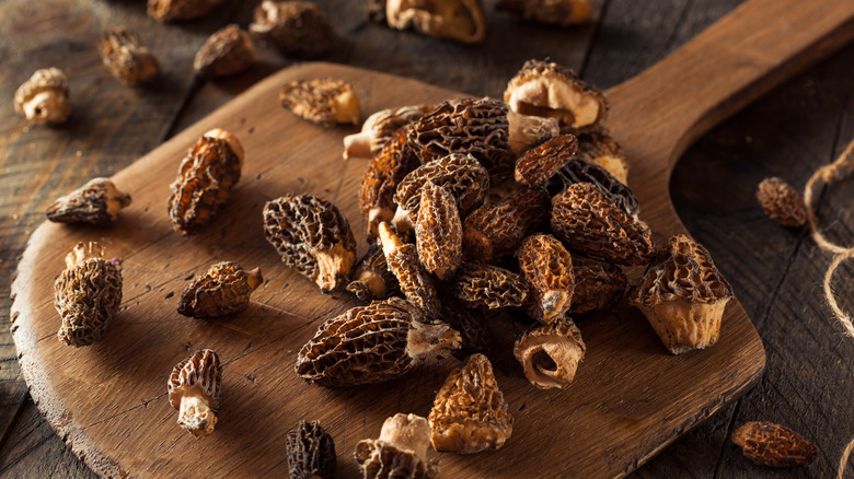 morel mushrooms on cutting board 