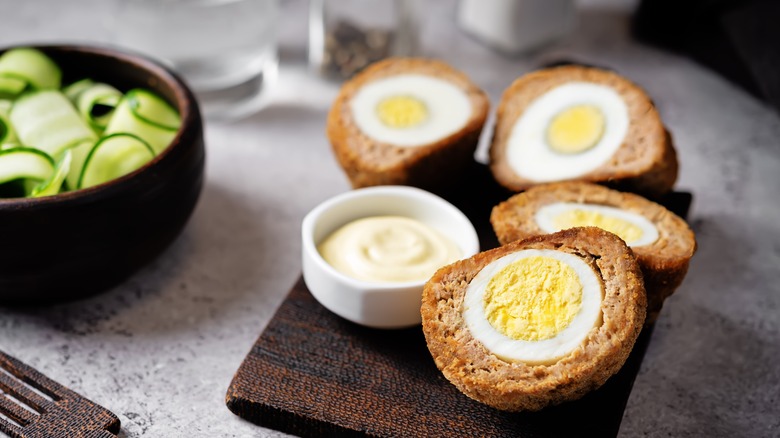 halved Scotch eggs