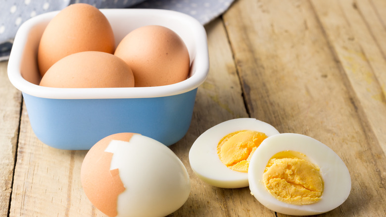 boiled eggs in bowl and cut