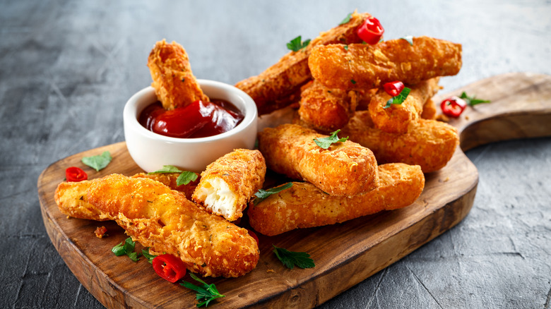 Fried halloumi sticks served