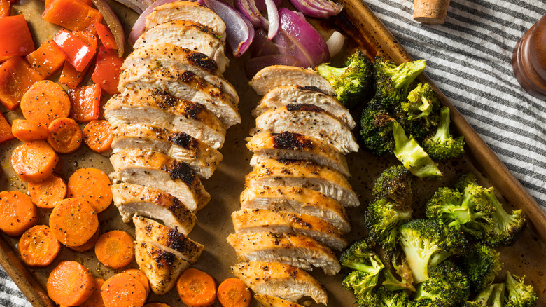 Carrots, chicken, broccoli sheet pan