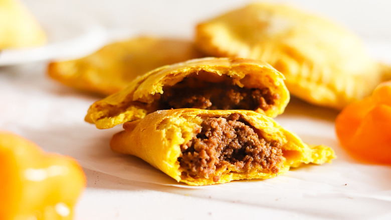 Baked Jamaican beef patty cut open