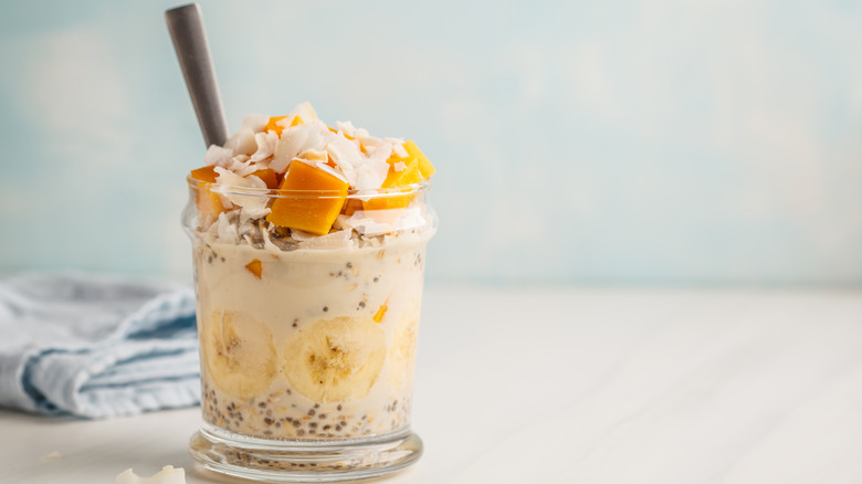 overnight oats with fruit in glass