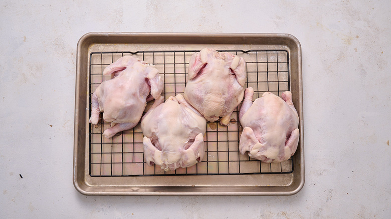 preparing hens on sheet tray