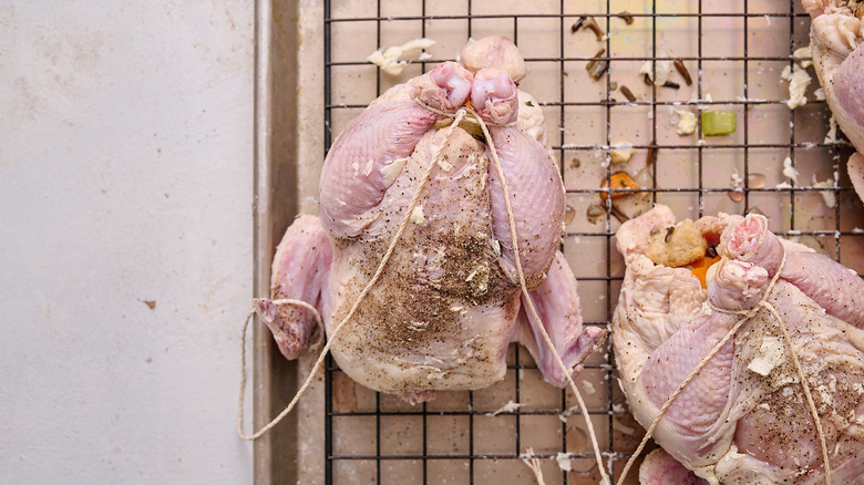 tying hen legs together with twine