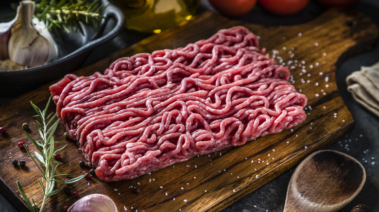 Raw ground beef on board