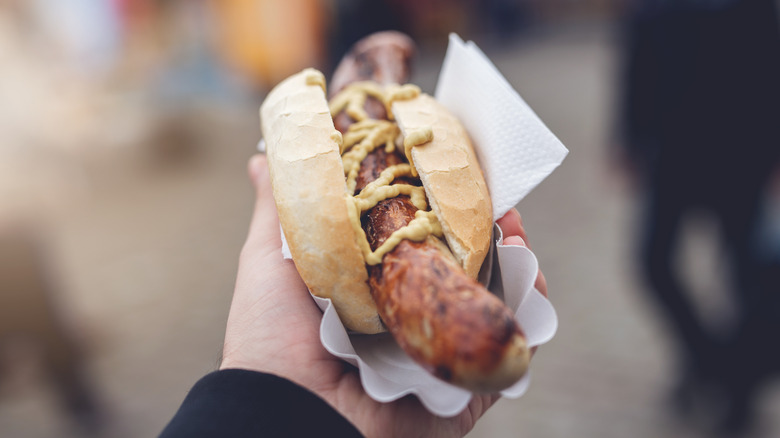 Person holding bratwurst on a hard roll