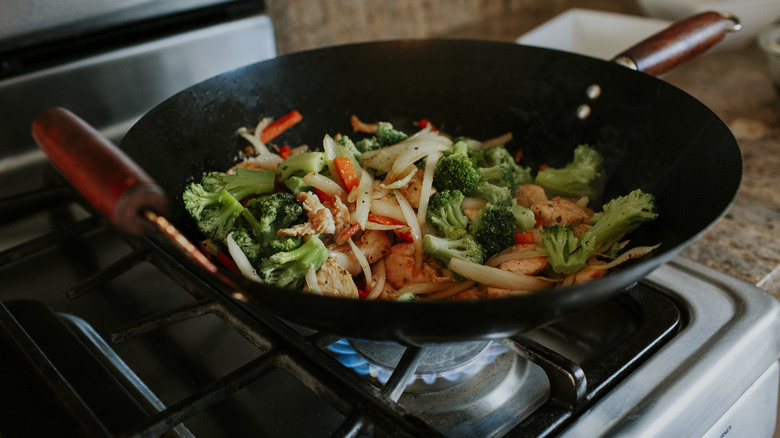 Homemade stir fry in a wok