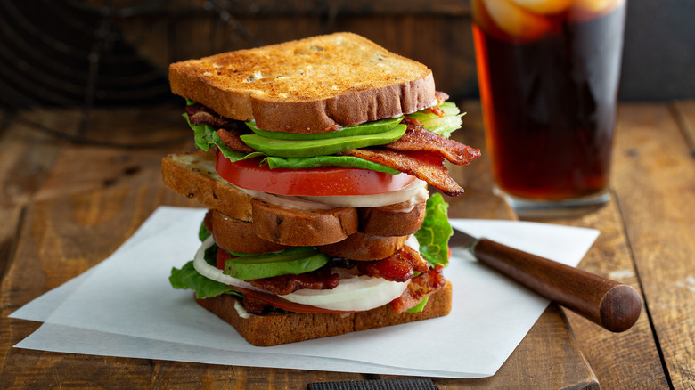 Stacked BLTs with avocado and onion 