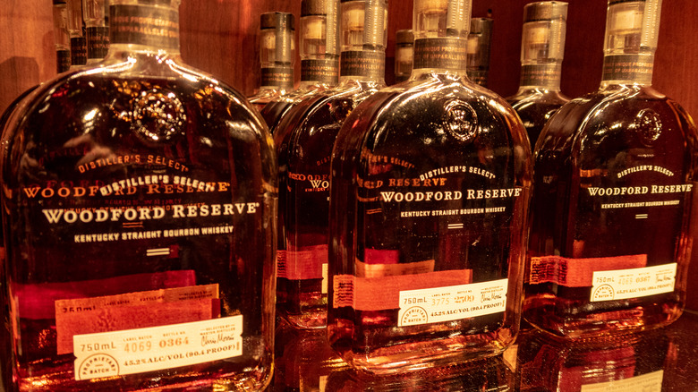 Closeup of Woodford Reserve bourbon bottles