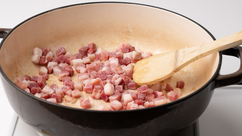 pan-frying cubed pancetta 