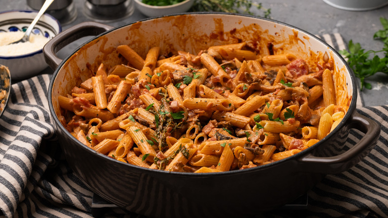 penne boscaiola in a pan