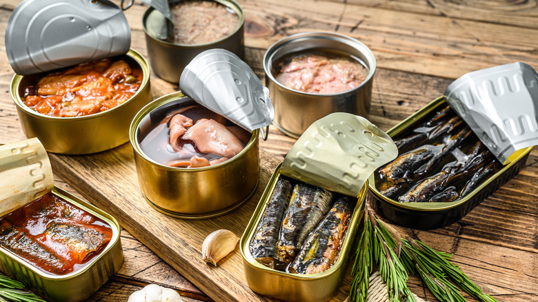 Assorted tinned fish and seafood